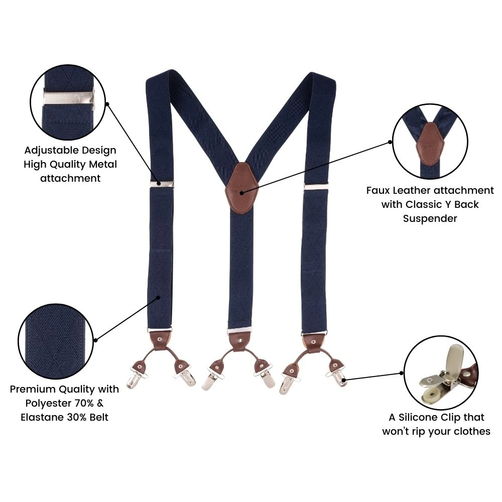 Blue Geometric Y-Back Clip-On Suspenders for Men