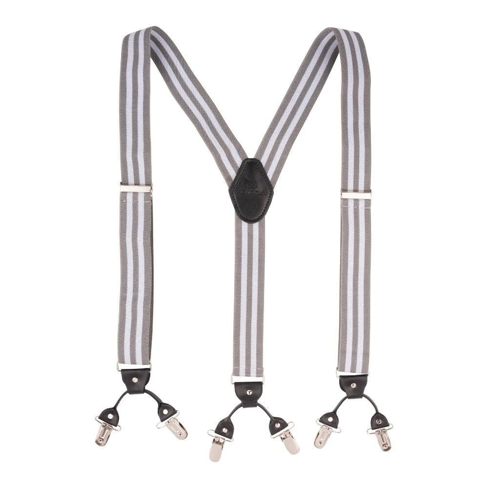 Grey Striped Y-Back Clip-On Suspenders for Men
