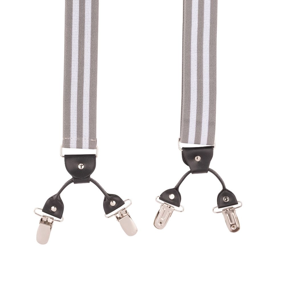 Grey Striped Y-Back Clip-On Suspenders for Men