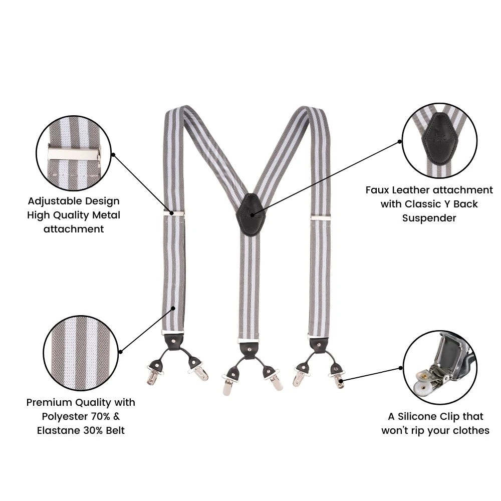 Grey Striped Y-Back Clip-On Suspenders for Men