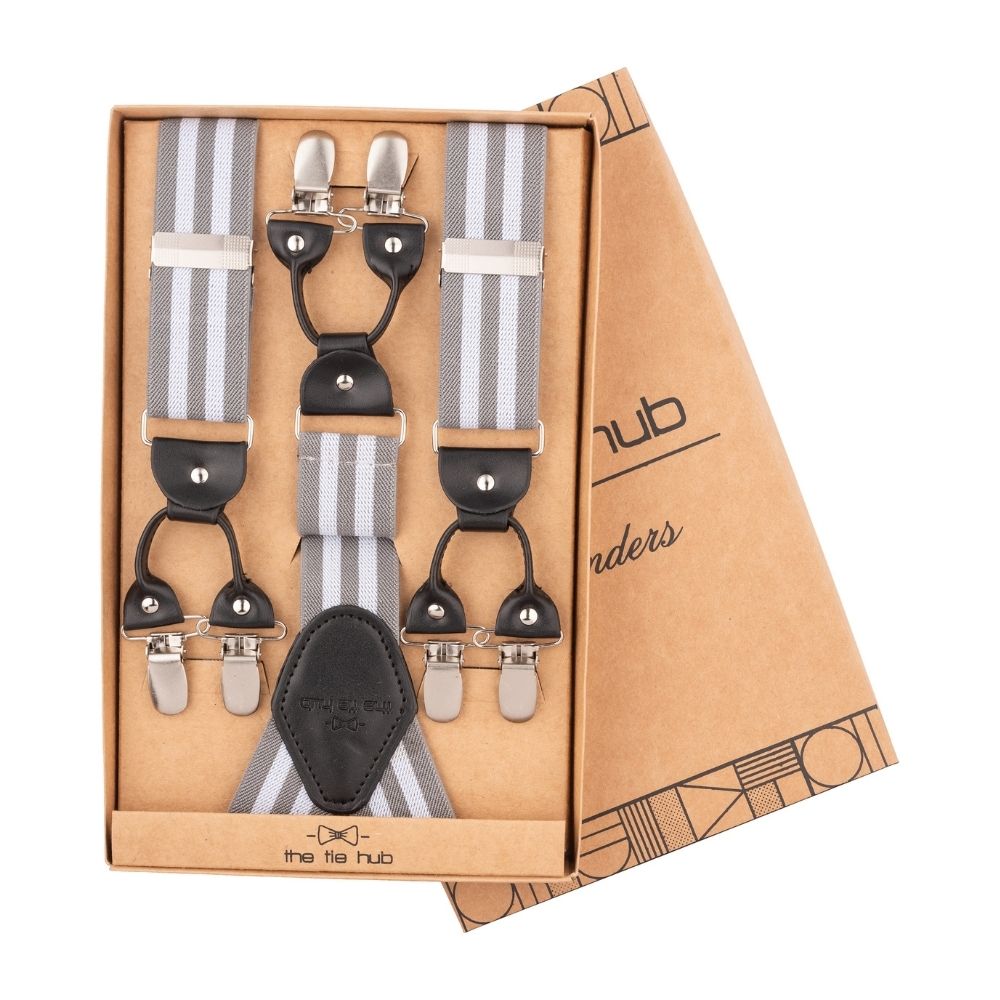 Grey Striped Y-Back Clip-On Suspenders for Men