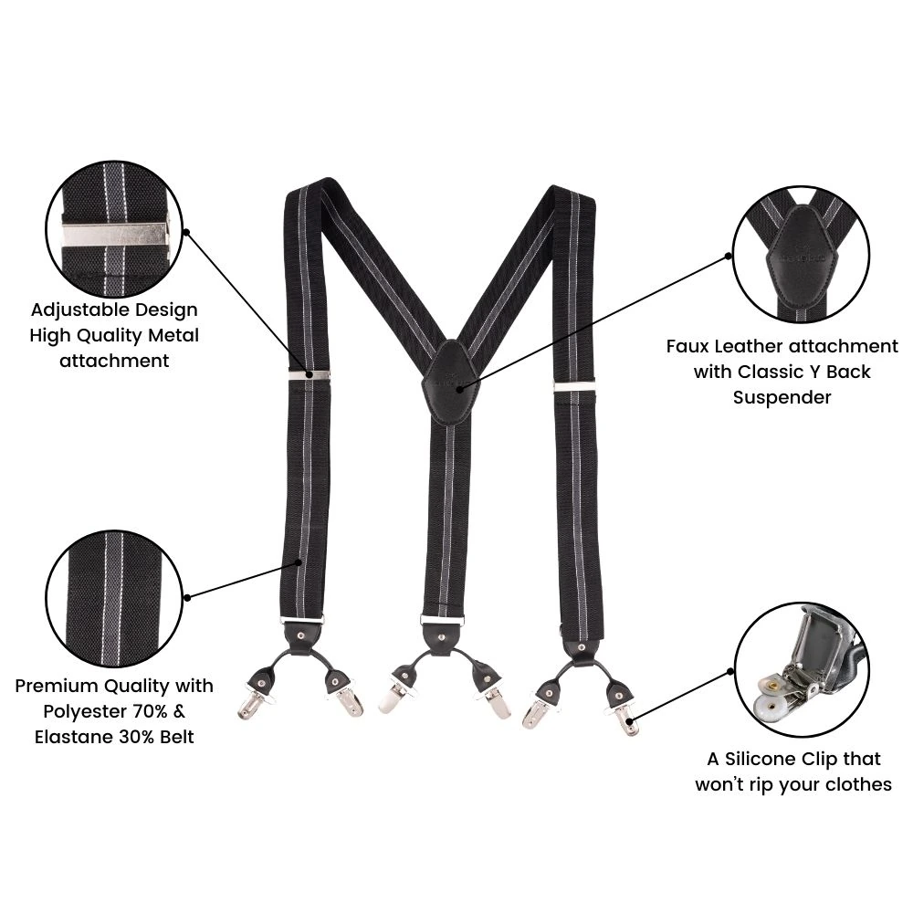 Black Striped Y-Back Clip-On Suspenders for Men
