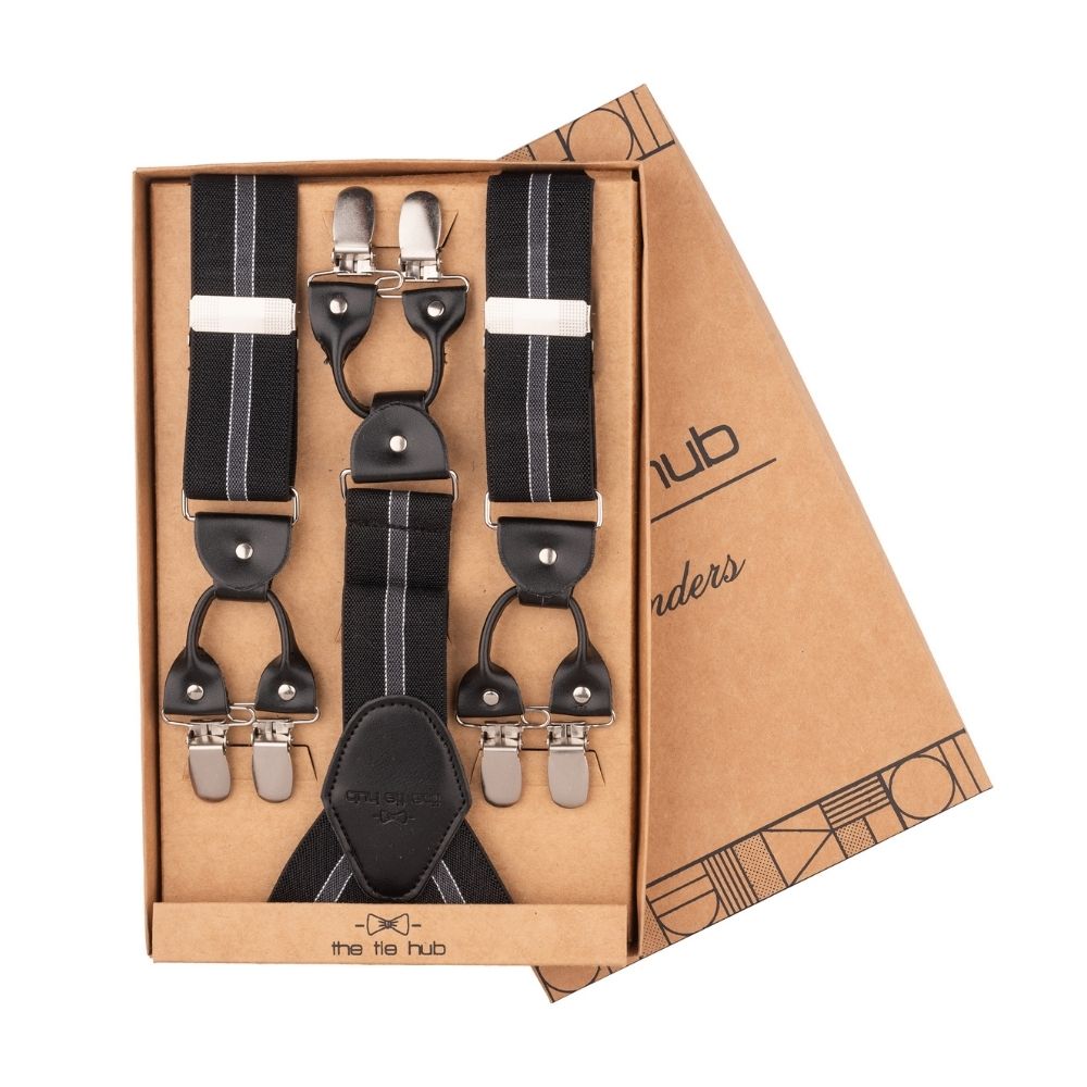 Black Striped Y-Back Clip-On Suspenders for Men