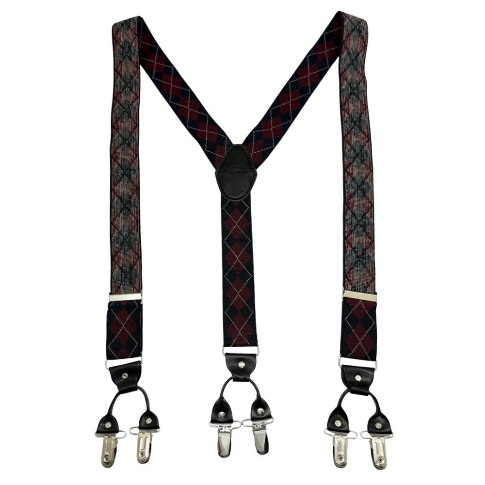 Burgundy Checkered Y-Back Clip-On Suspenders for Men