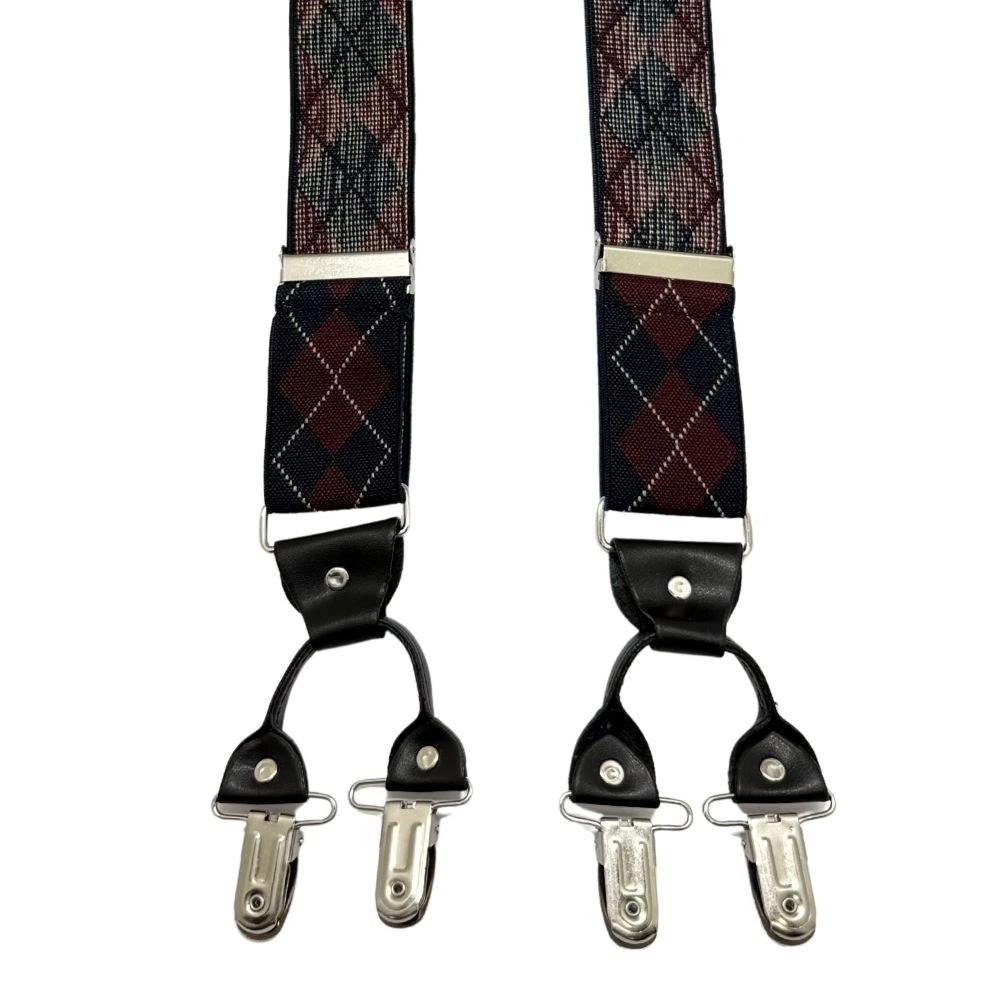 Burgundy Checkered Y-Back Clip-On Suspenders for Men