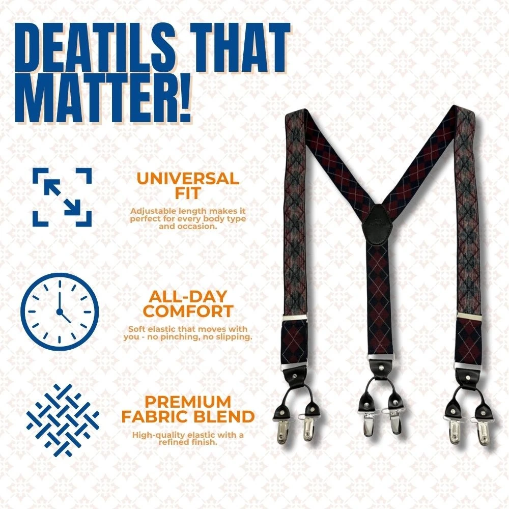 Burgundy Checkered Y-Back Clip-On Suspenders for Men