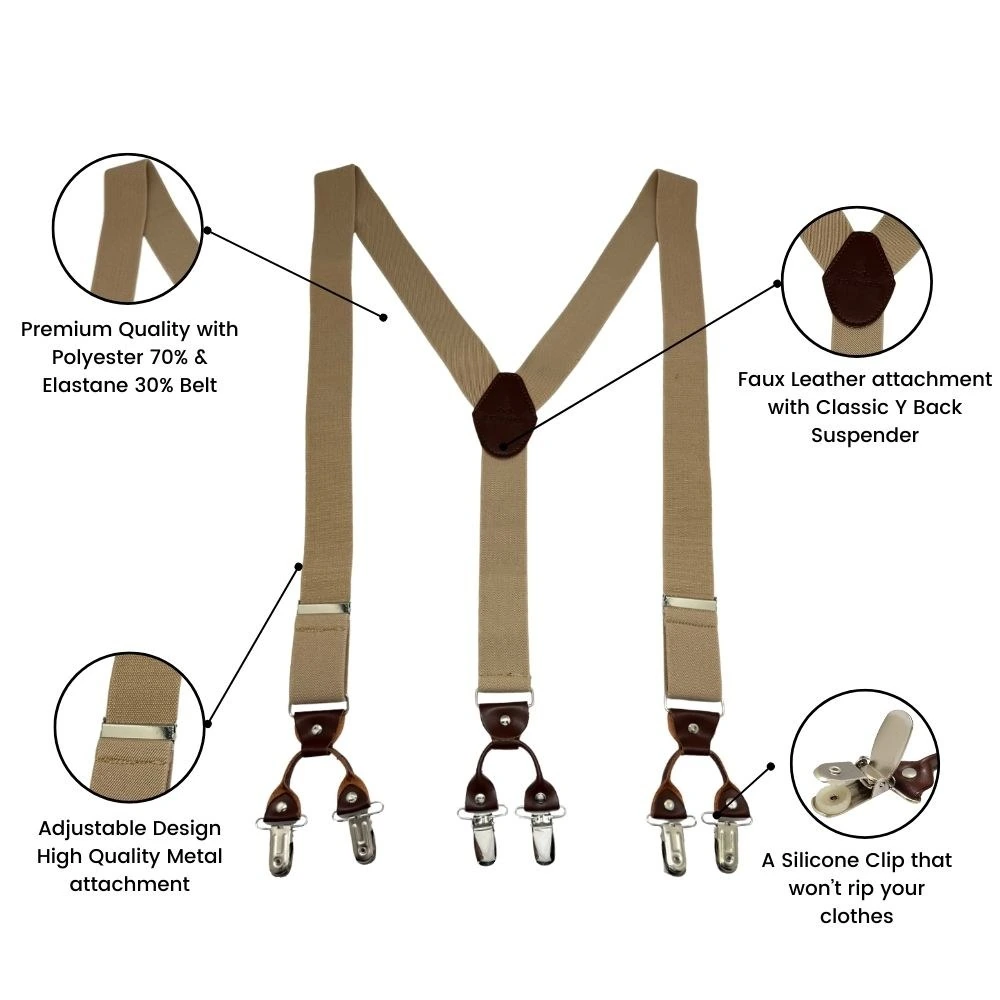 Khaki Y-Back Clip-On Suspenders for Men