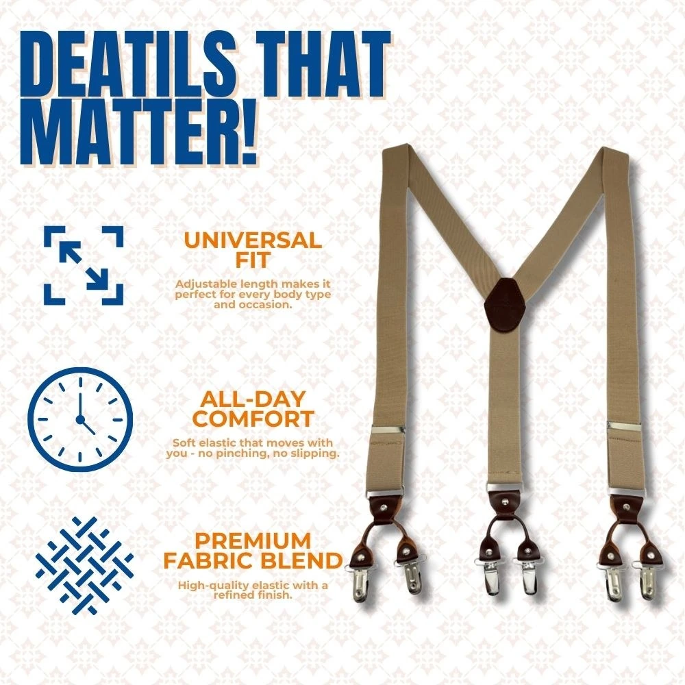 Khaki Y-Back Clip-On Suspenders for Men