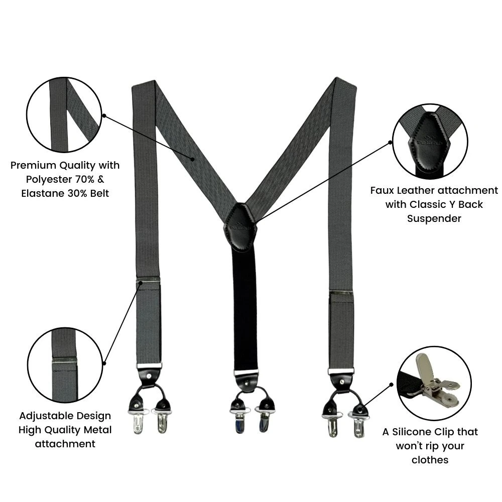 Grey Herringbone Y-Back Clip-On Suspenders for Men