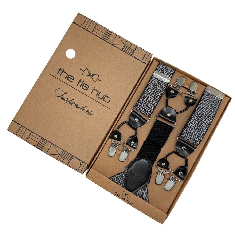 Grey Herringbone Y-Back Clip-On Suspenders for Men