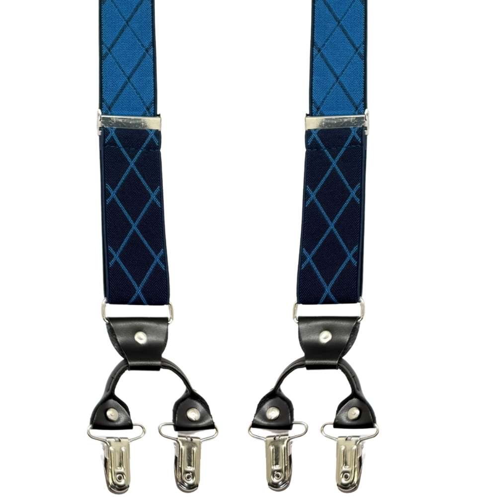 Blue Checkered Y-Back Clip-On Suspenders for Men