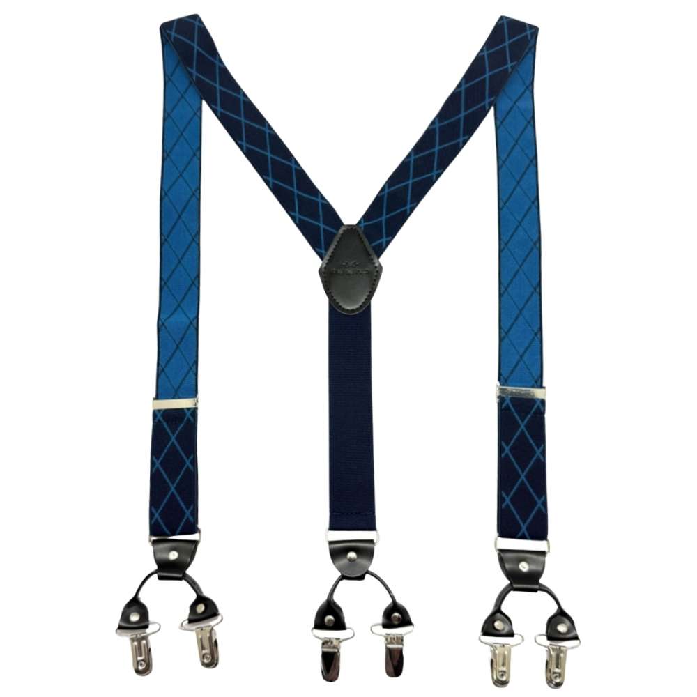 Blue Checkered Y-Back Clip-On Suspenders for Men
