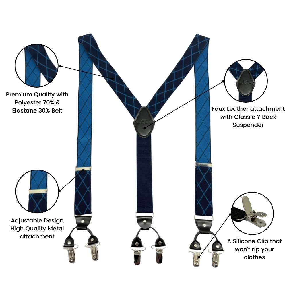 Blue Checkered Y-Back Clip-On Suspenders for Men