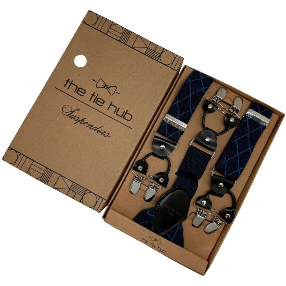 Blue Checkered Y-Back Clip-On Suspenders for Men