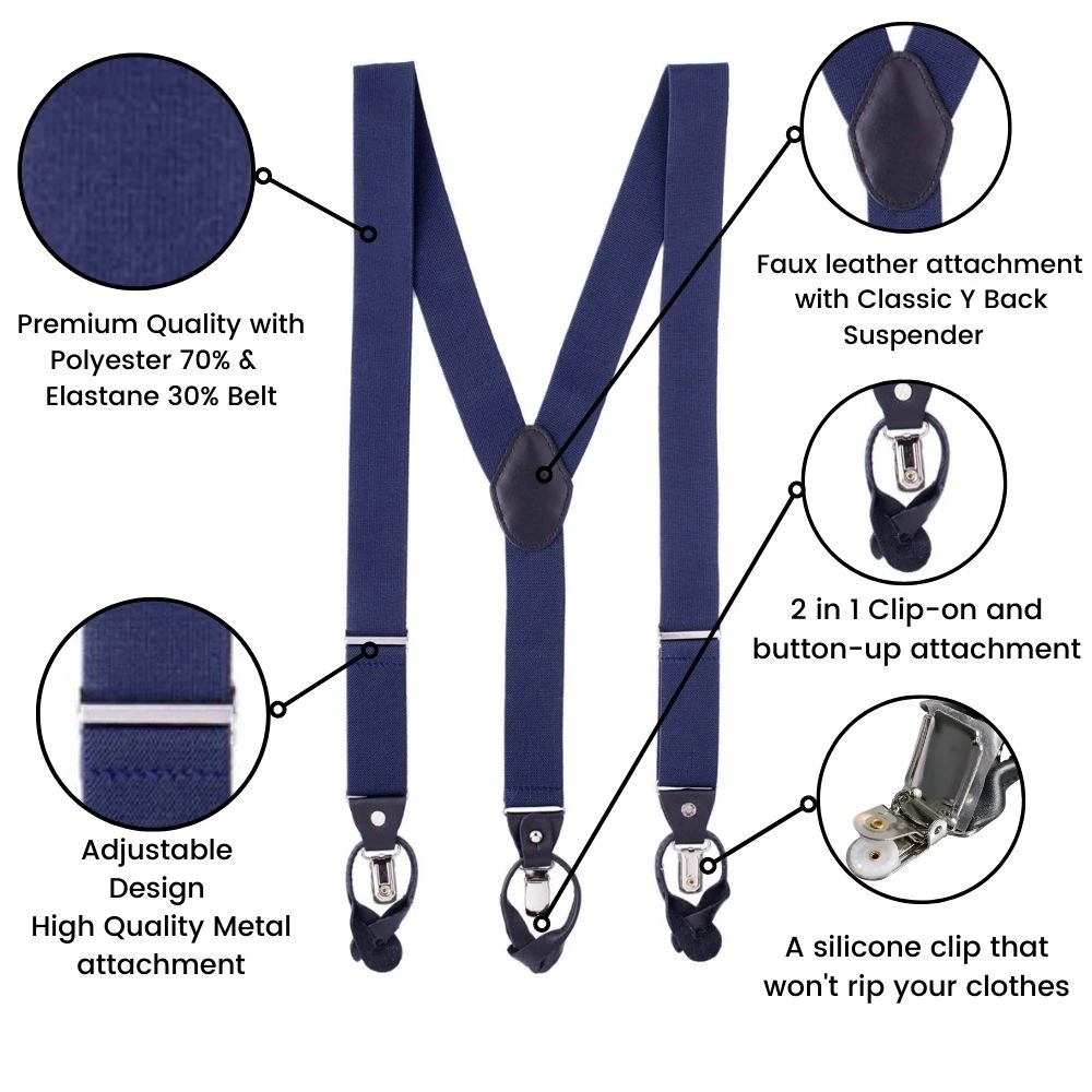 Navy Blue Y-Back Button-On Suspenders for Men