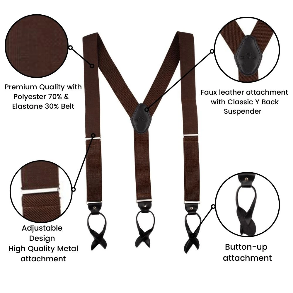 Brown Y-Back Button-On Suspenders for Men