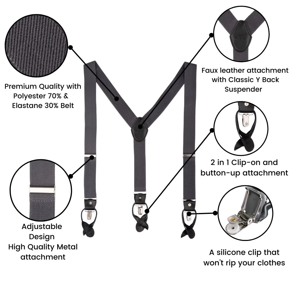 Charcoal Grey Y-Back Button-On Suspenders for Men