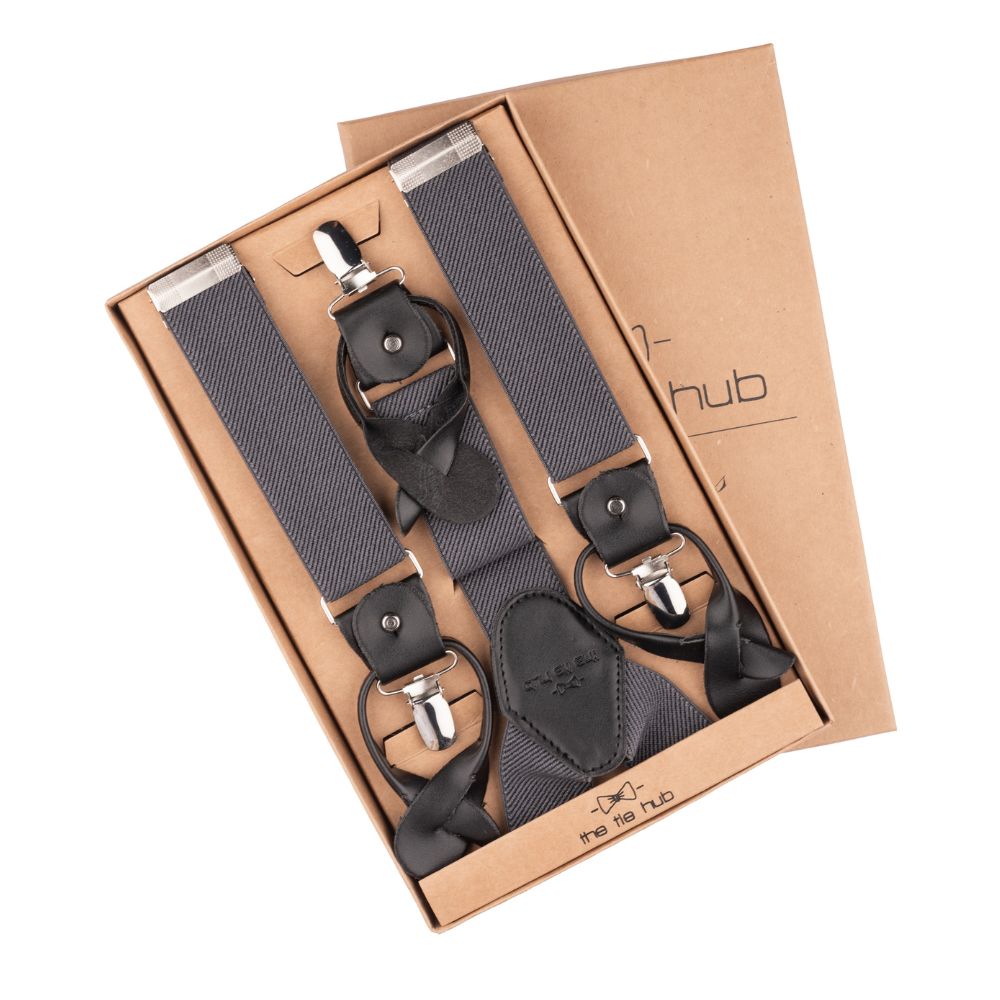 Charcoal Grey Y-Back Button-On Suspenders for Men