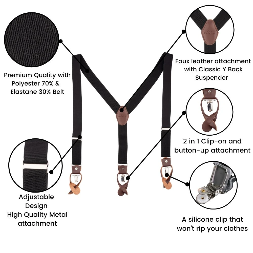 Jet Black Y-Back Button-On Suspenders for Men