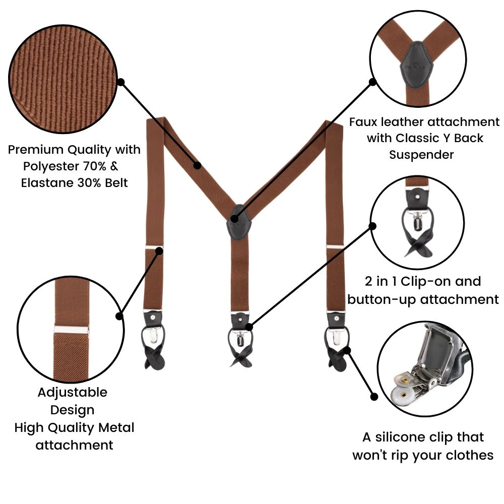 Coffee Brown Y-Back Button-On Suspenders for Men