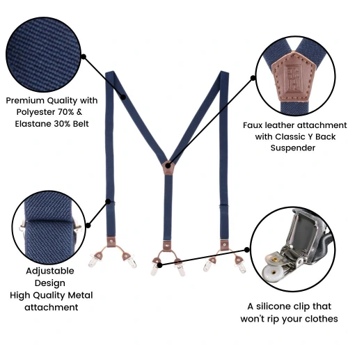 Navy Blue Y-Back Clip-On Suspenders for Men