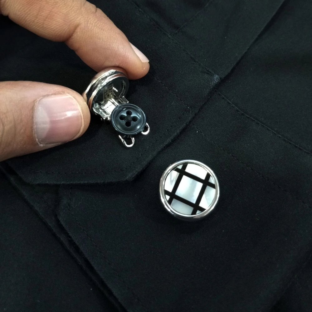 Black Checks Mother of Pearl Button Cover for Shirt