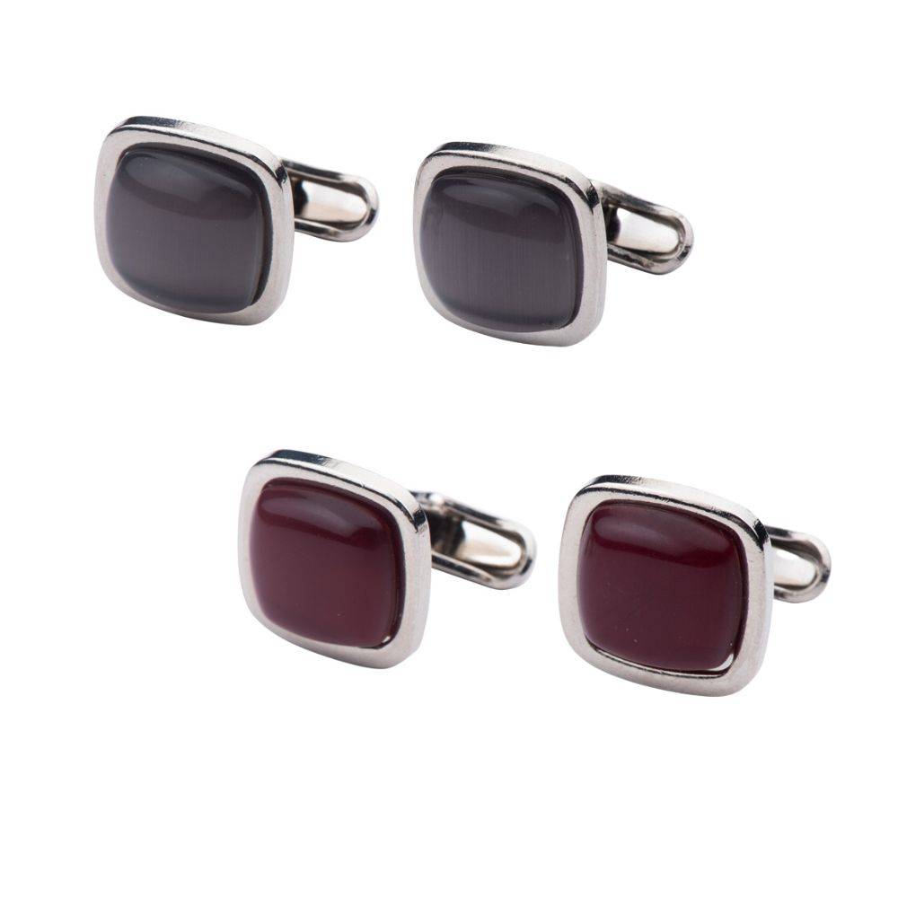 Grey and Maroon Stone Cufflinks Combo for Men - Classic Square Design