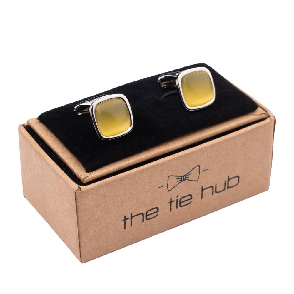 Yellow and Pink Stone Cufflinks Combo for Men - Classic Square Design