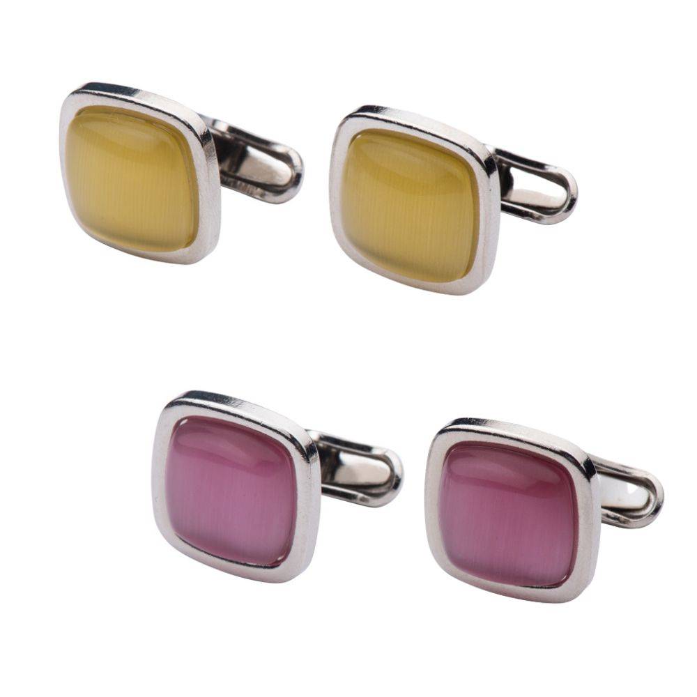 Yellow and Pink Stone Cufflinks Combo for Men - Classic Square Design