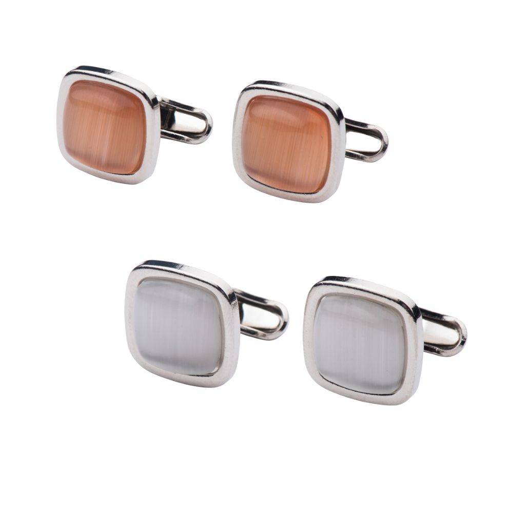 Peach and White Stone Cufflinks Combo for Men - Classic Square Design