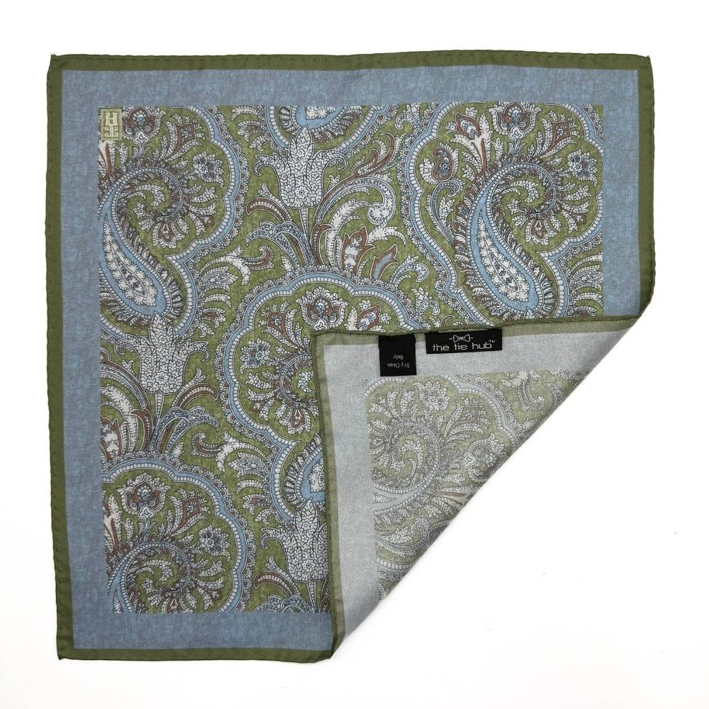 Green Paisley Italian Silk Pocket Square for Men