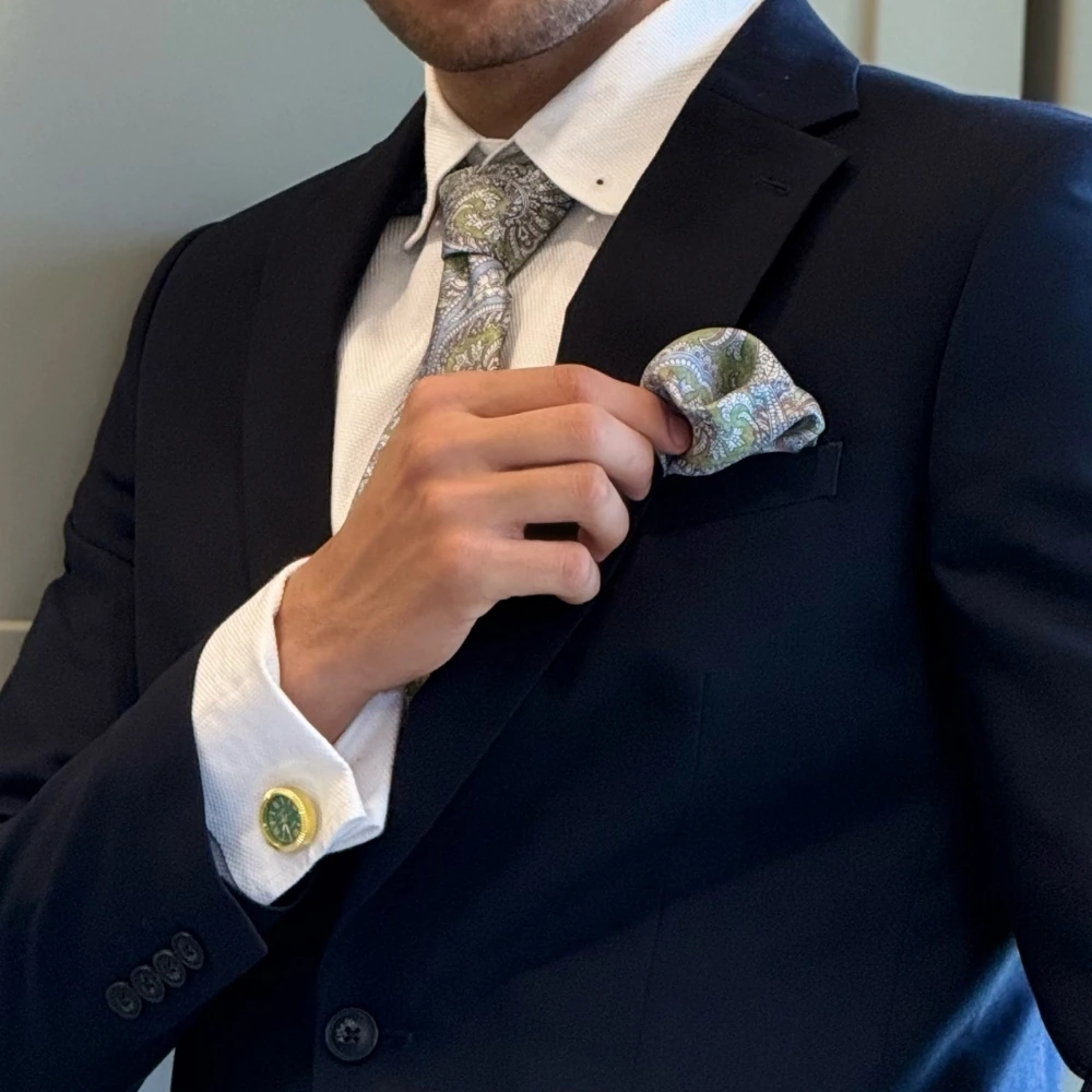 Green Paisley Italian Silk Pocket Square for Men