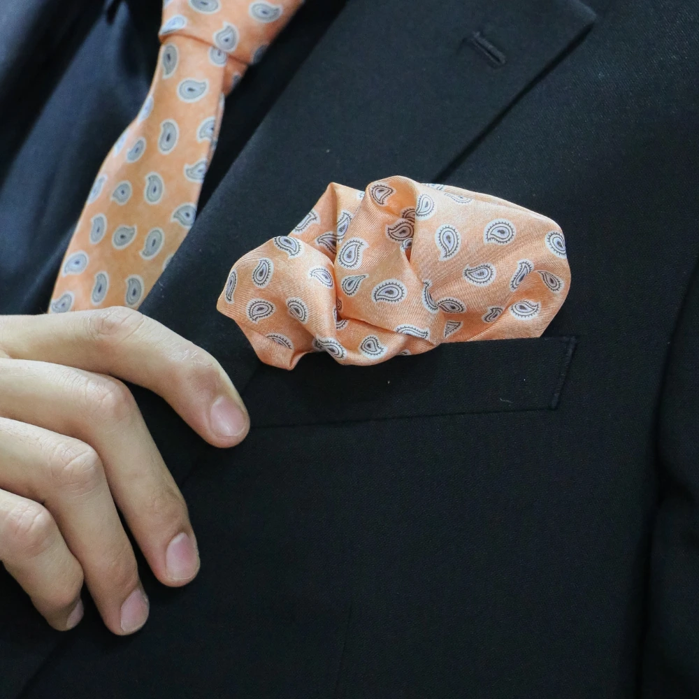Orange Paisley Italian Silk Pocket Square for Men