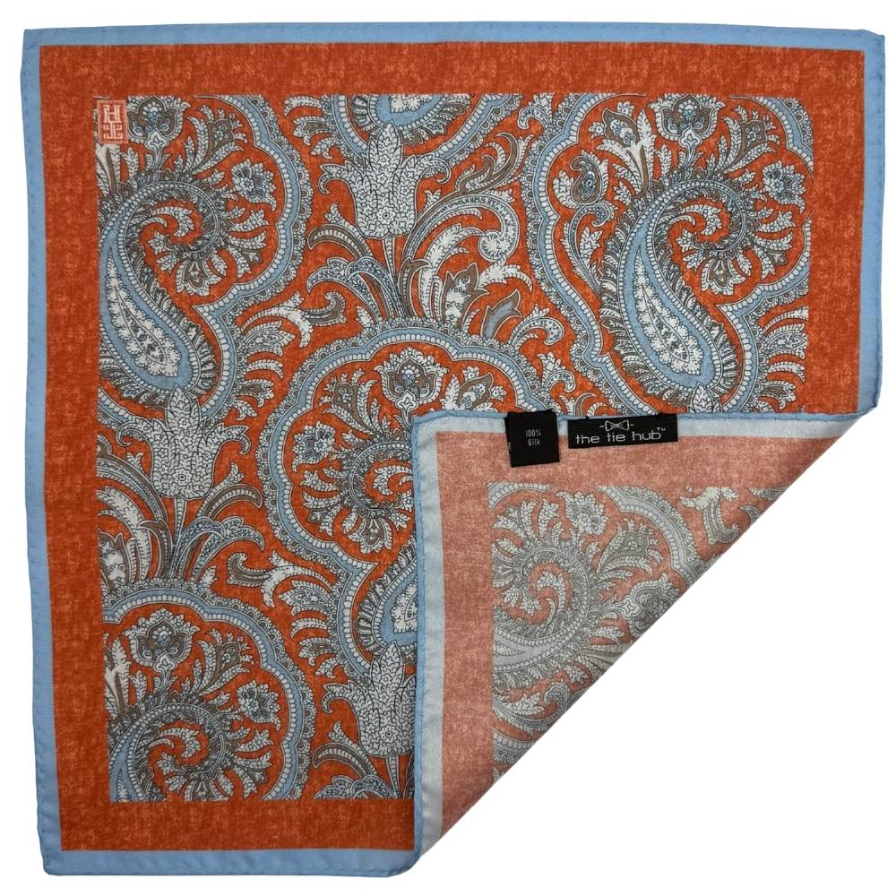 Orange Paisley Italian Silk Pocket Square for Men