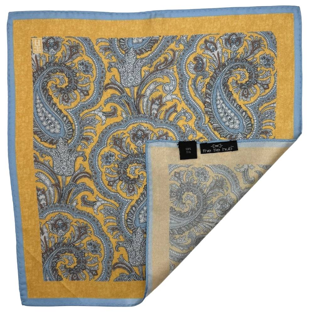 Yellow Paisley Italian Silk Pocket Square for Men