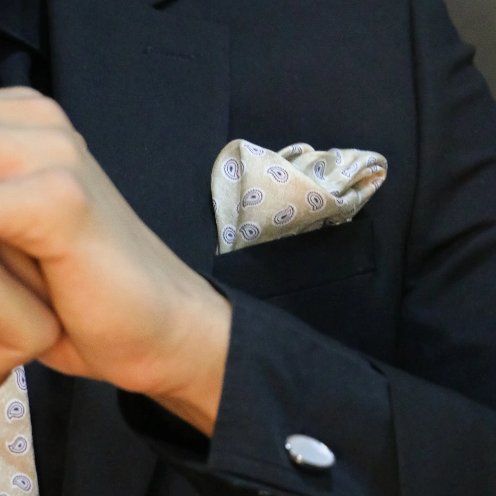 Beige Paisley Italian Silk Pocket Square for Men