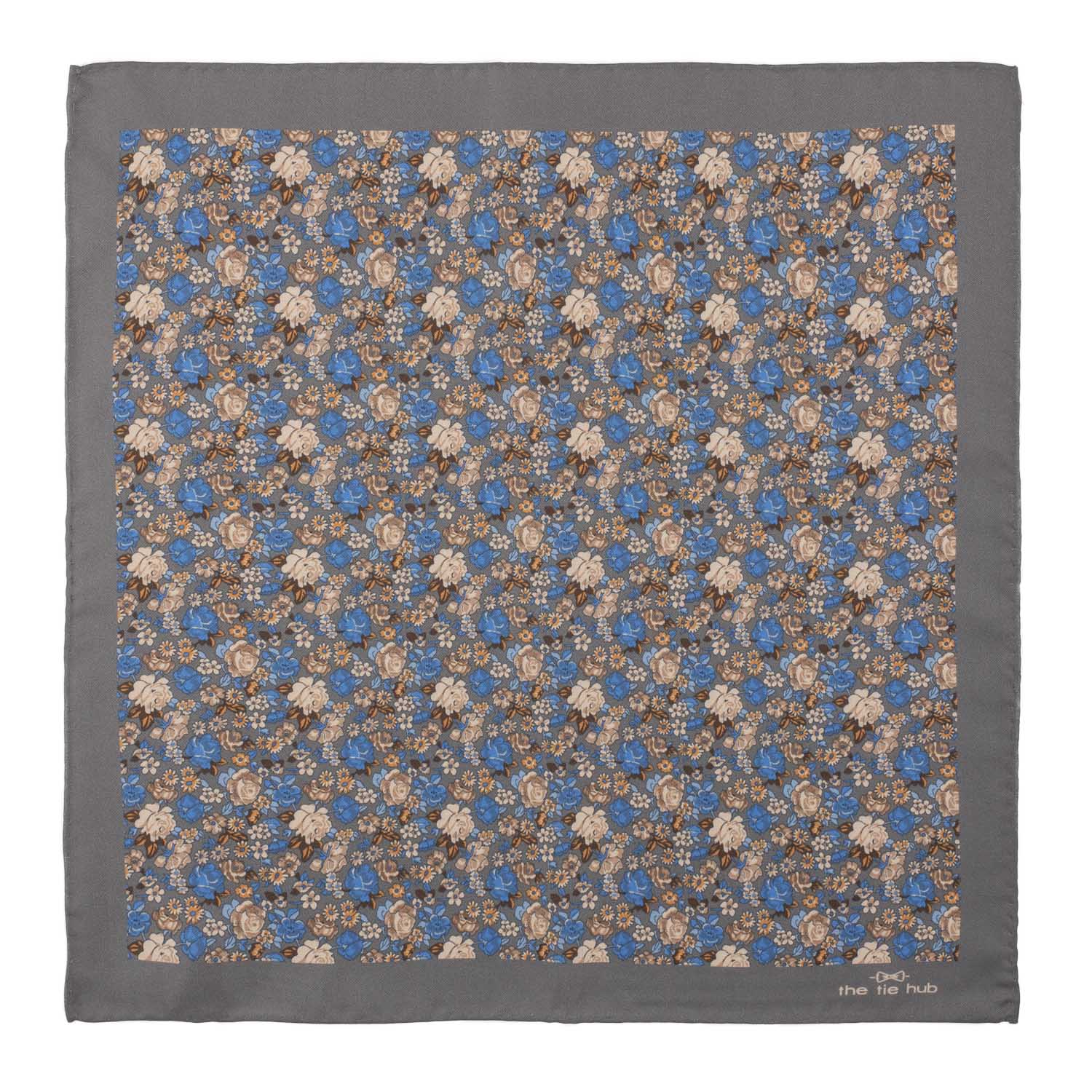 Grey Floral Italian Silk Pocket Square for Men