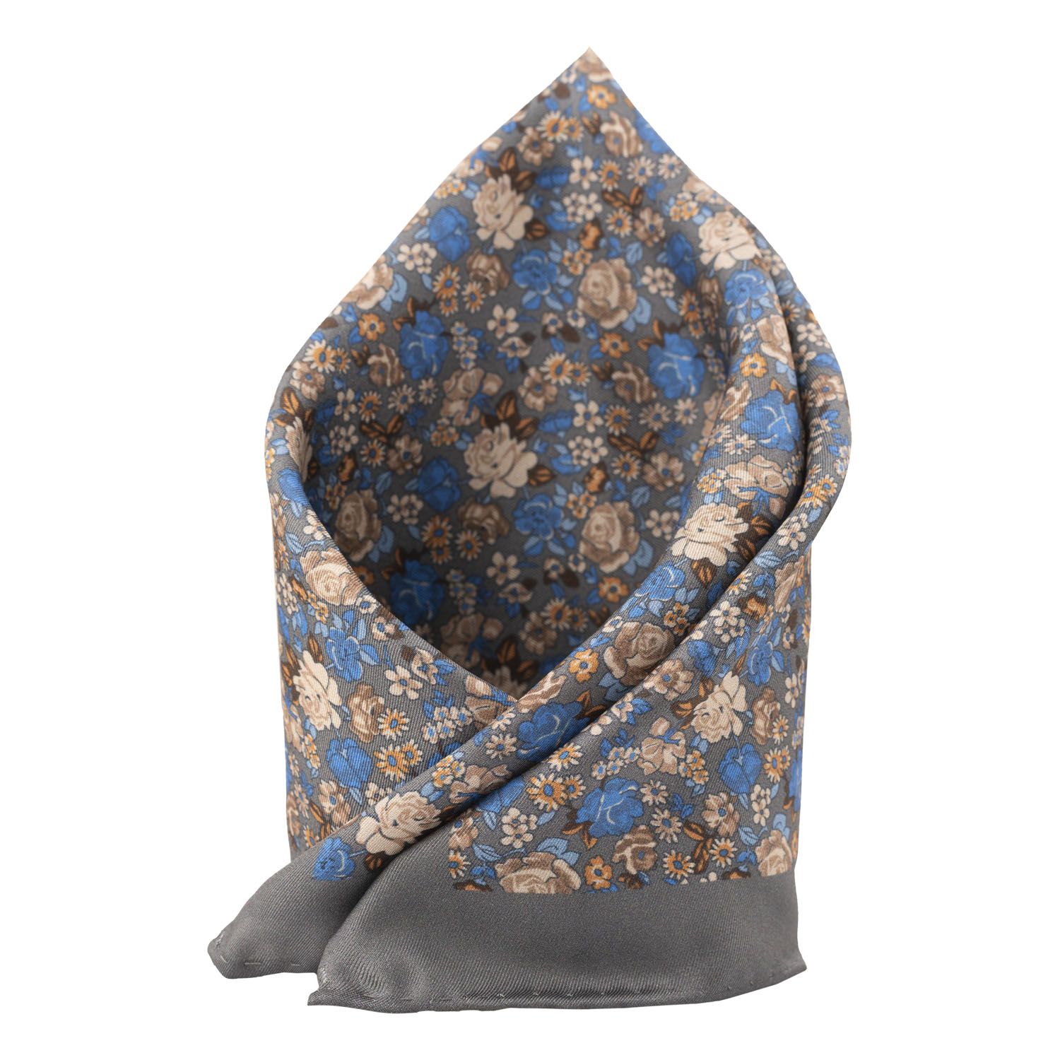 Grey Floral Italian Silk Pocket Square for Men