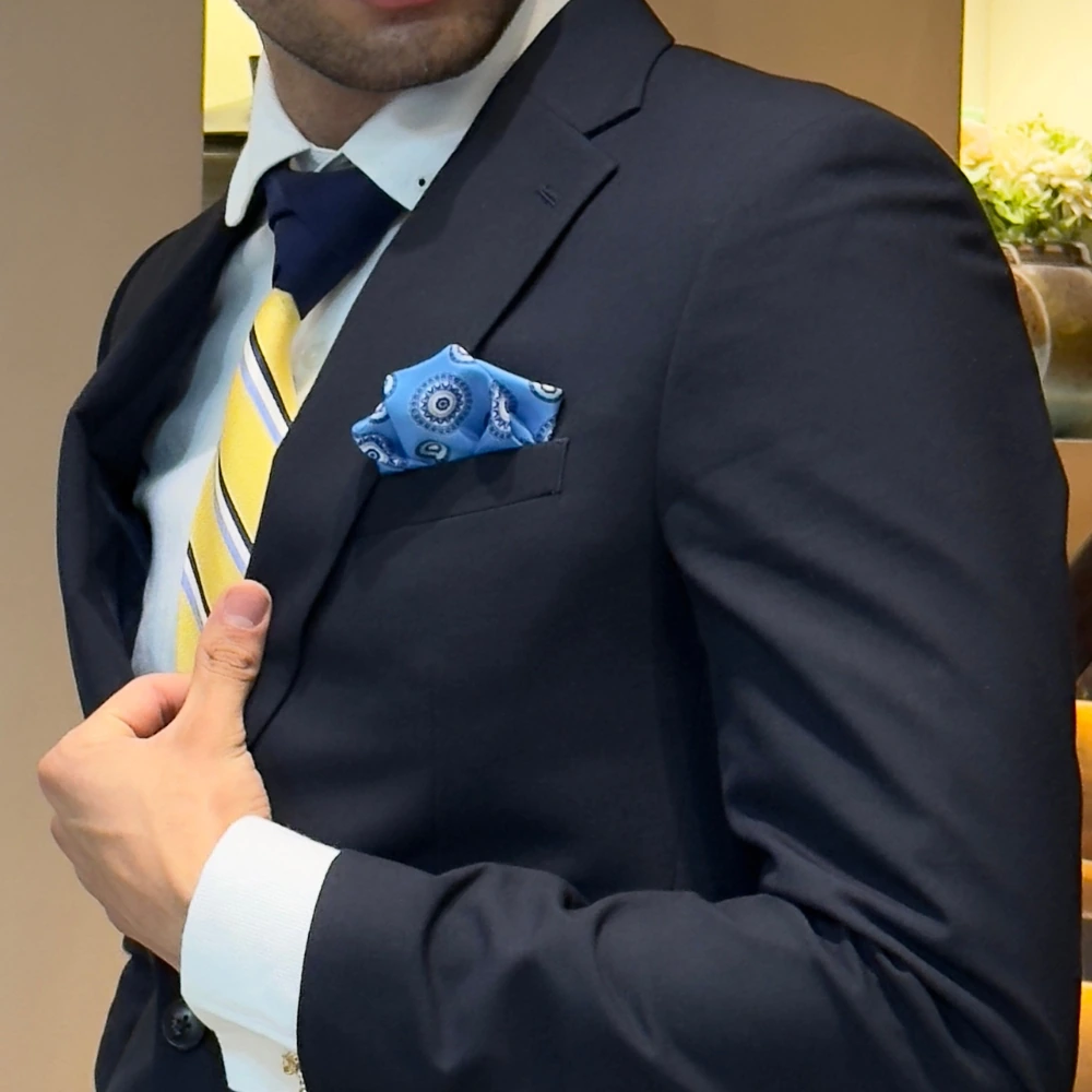 Blue Geometric Italian Silk Pocket Square for Men