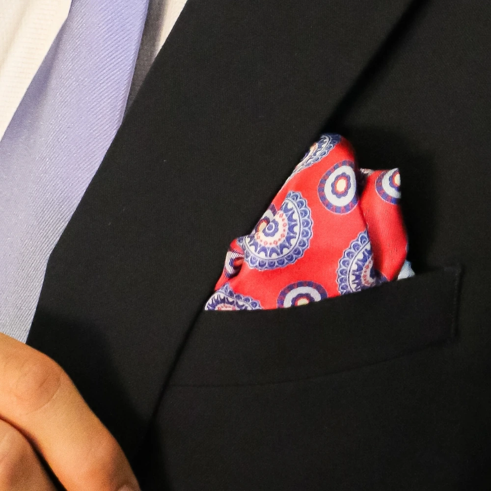 Red Geometric Italian Silk Pocket Square for Men