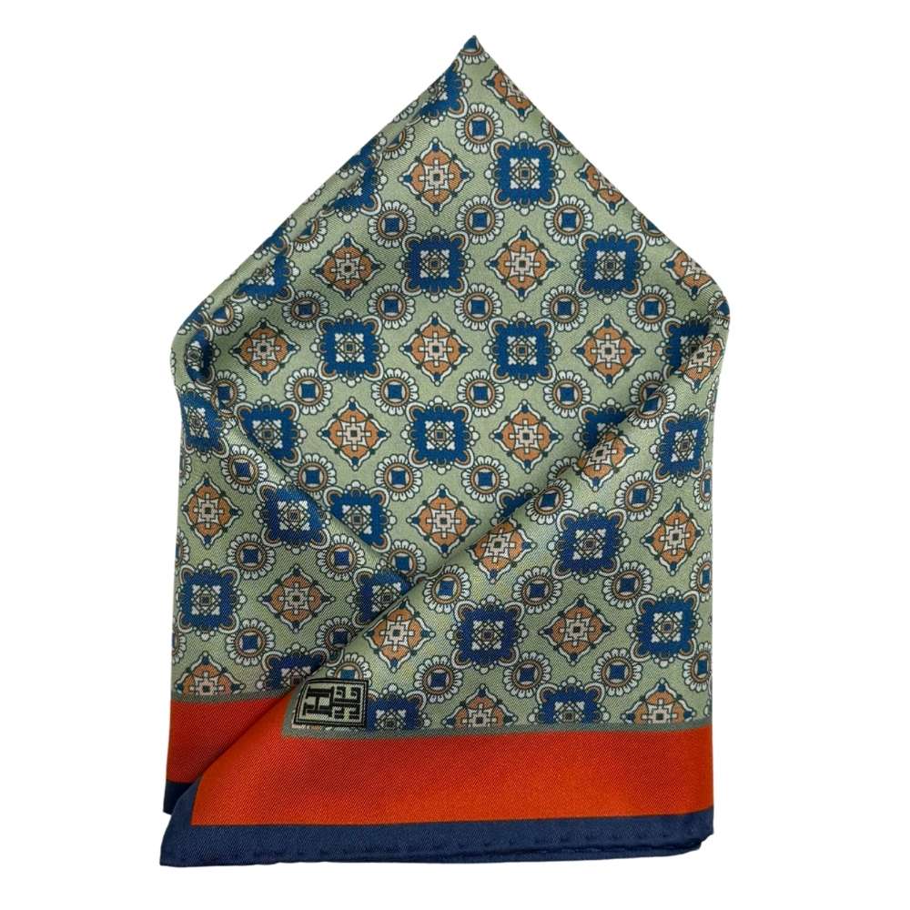 Green Geometric Italian Silk Pocket Square for Men