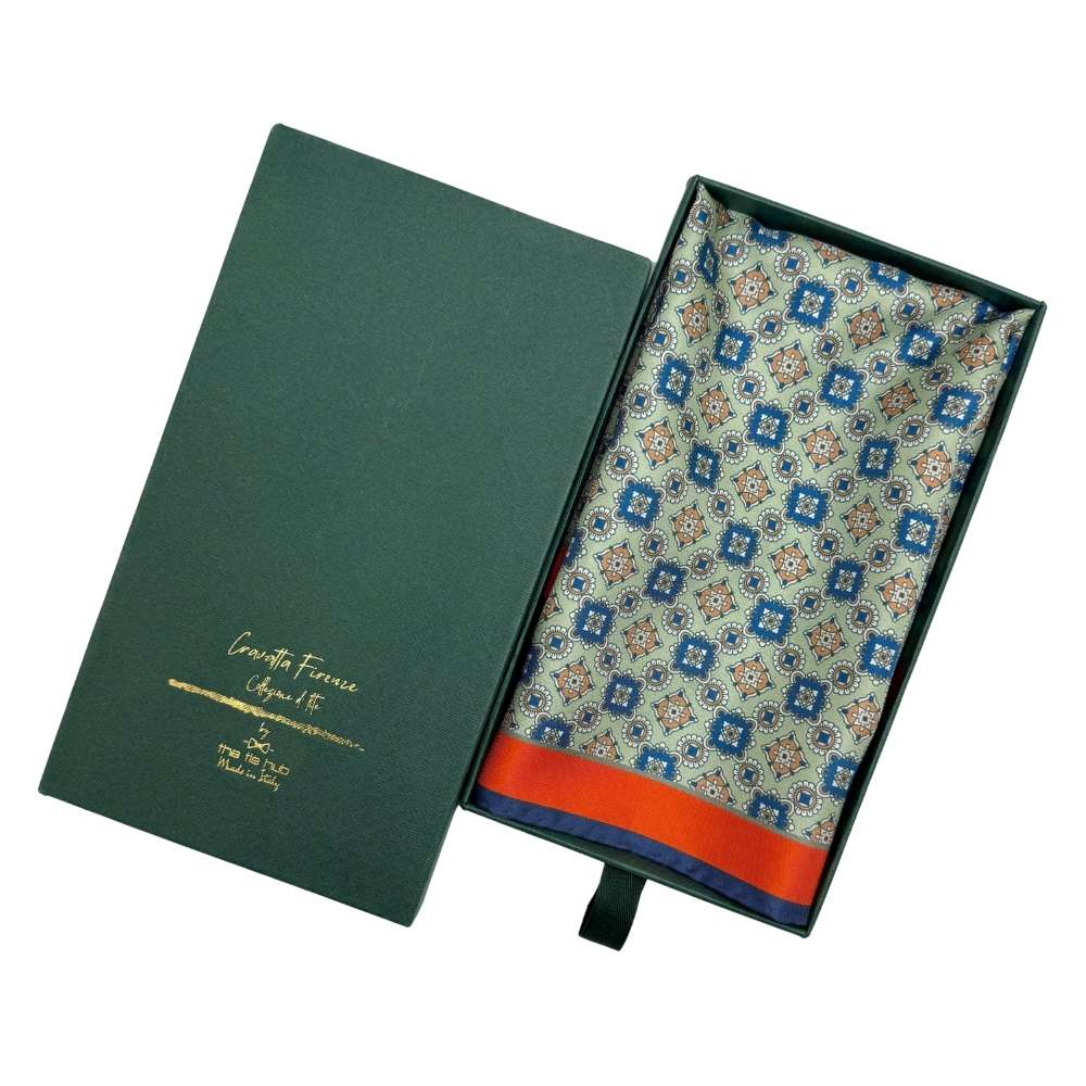 Green Geometric Italian Silk Pocket Square for Men