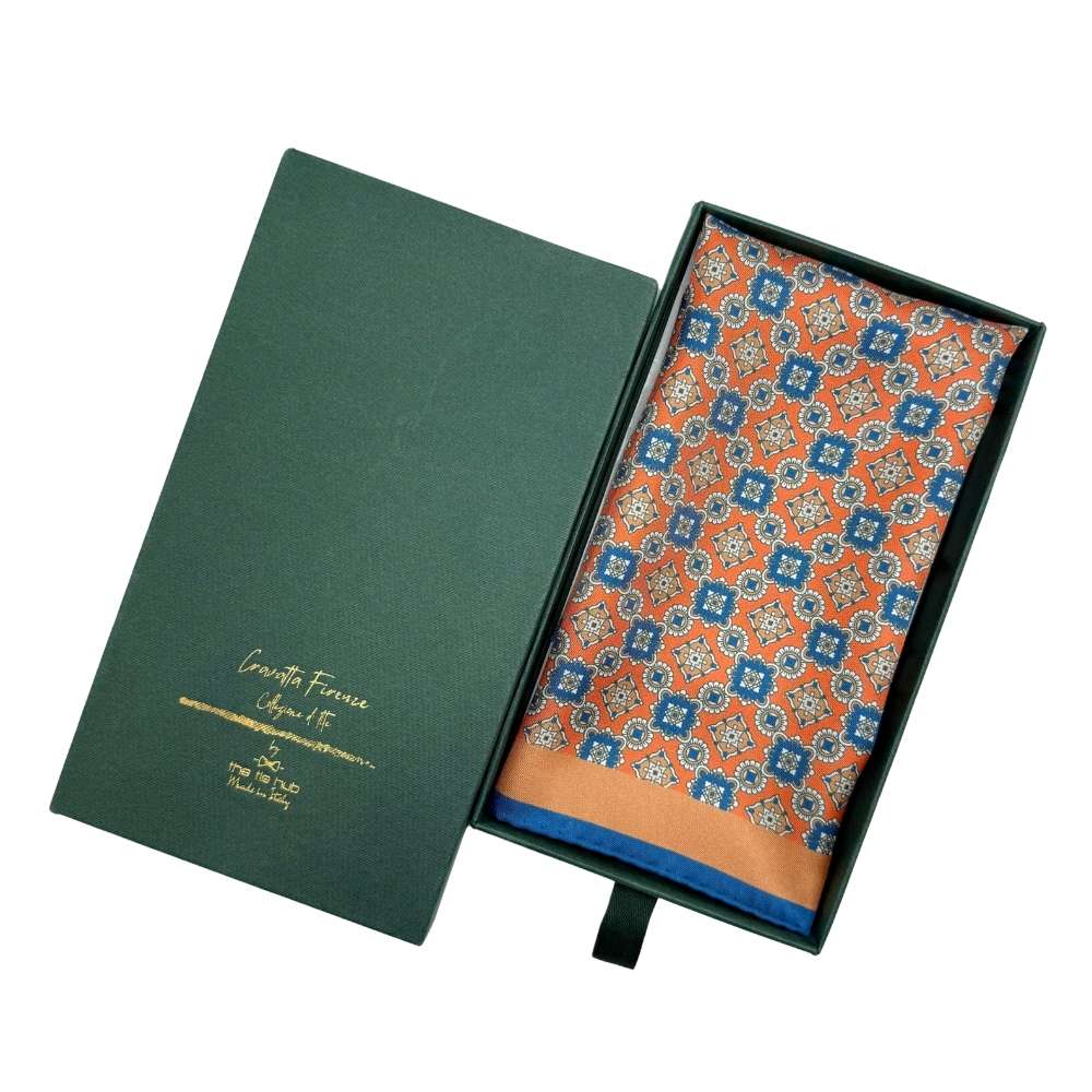 Orange Geometric Italian Silk Pocket Square for Men