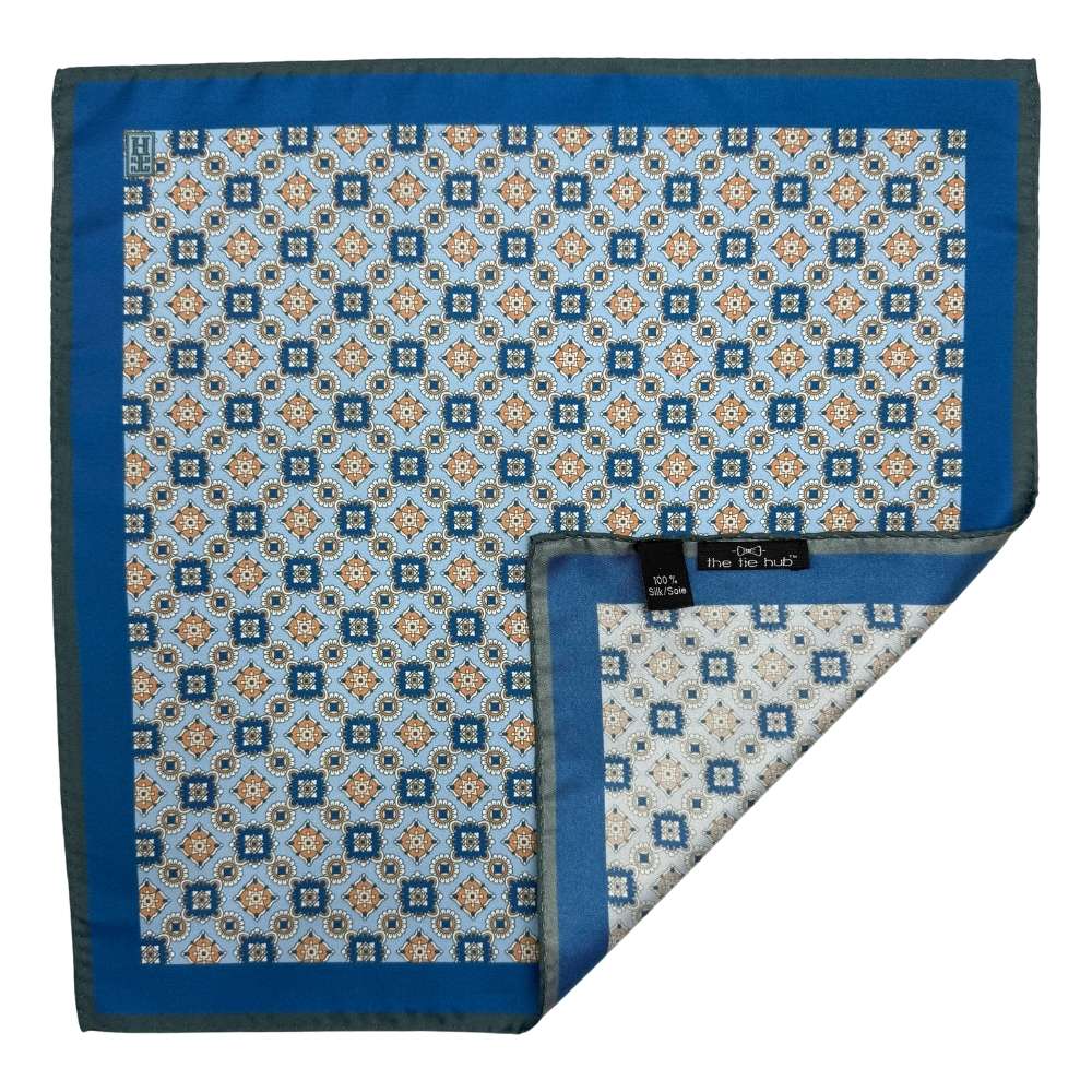 Blue Geometric Italian Silk Pocket Square for Men