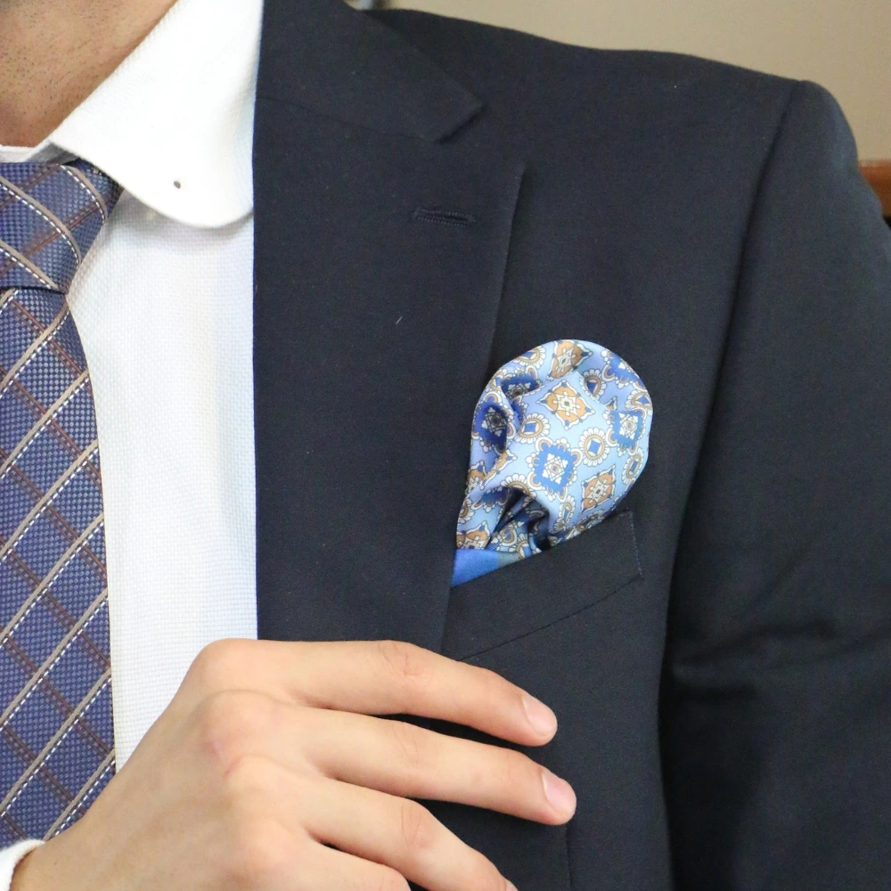 Blue Geometric Italian Silk Pocket Square for Men