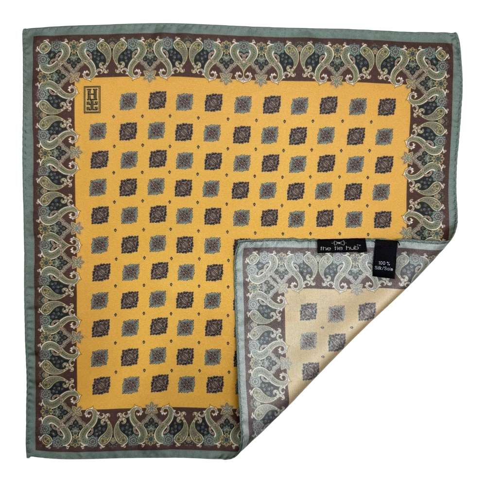 Yellow Paisley Italian Silk Pocket Square for Men