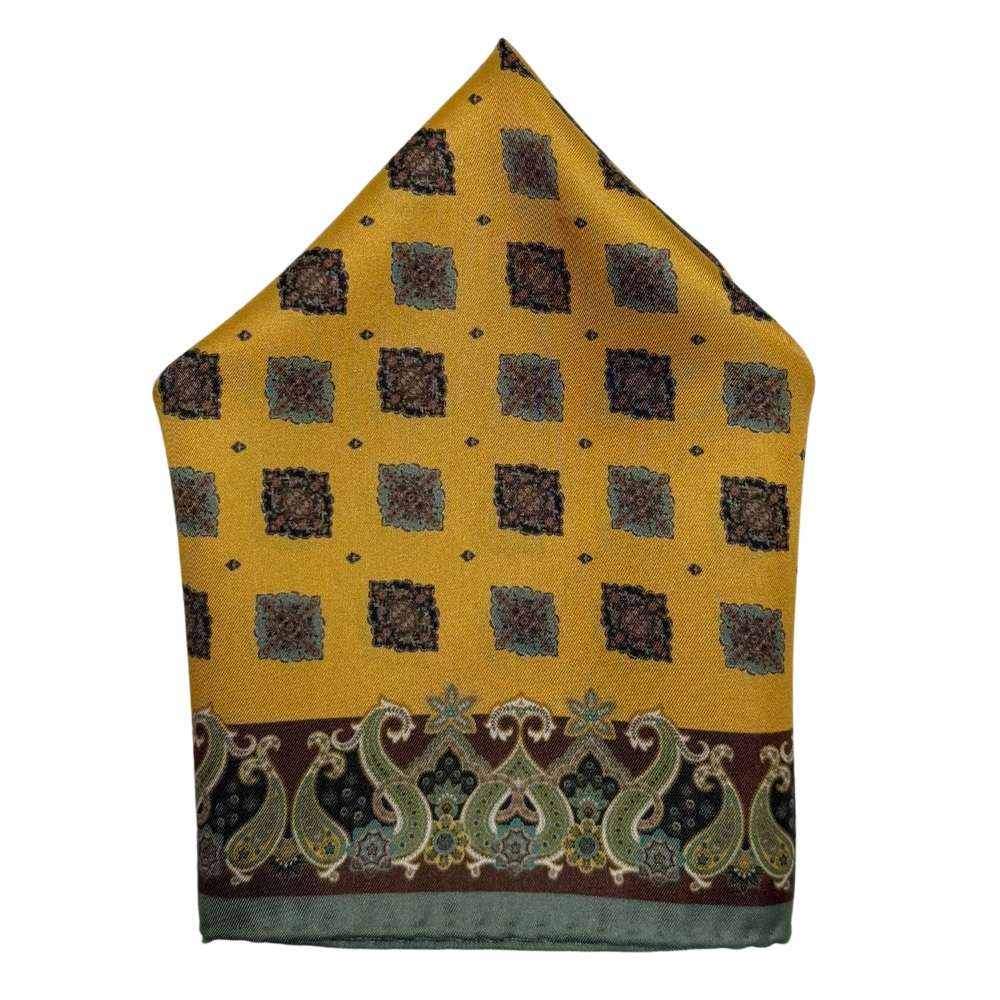 Yellow Paisley Italian Silk Pocket Square for Men
