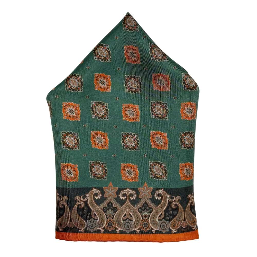 Green Paisley Italian Silk Pocket Square for Men