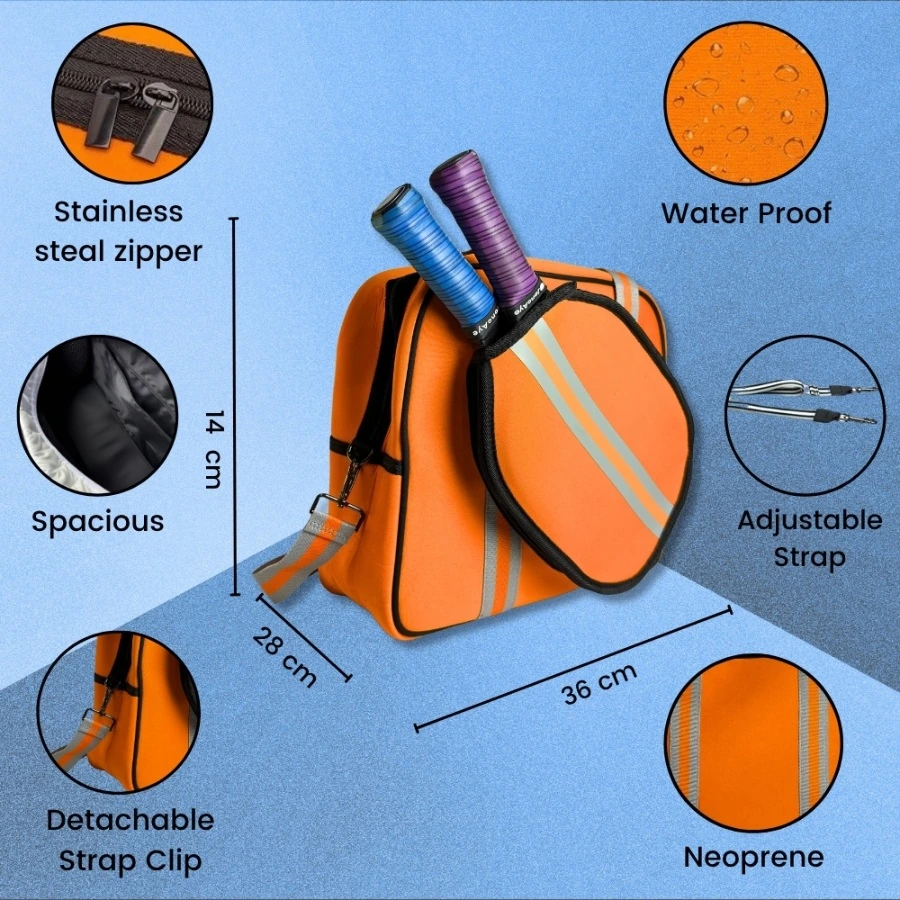Orange Neoprene Pickleball Bag with Paddle Holder and Adjustable Shoulder Strap Sport Tote for Men and Women