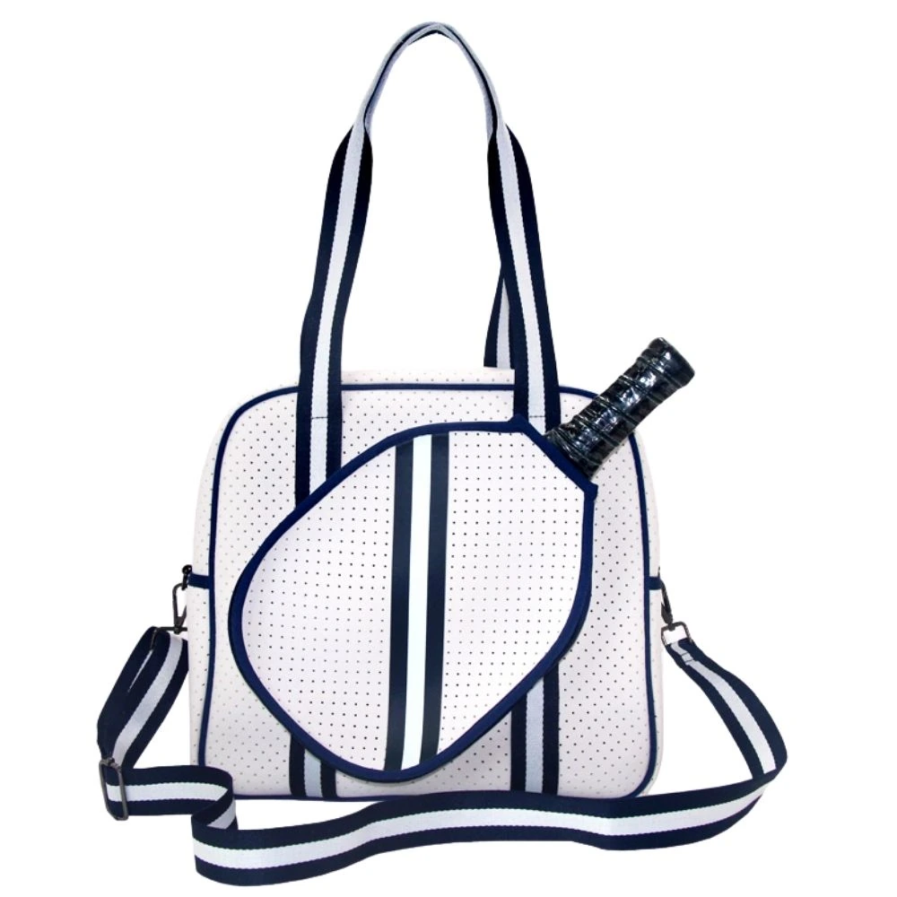 White and Navy Blue Neoprene Pickleball Bag with Paddle Holder and Adjustable Shoulder Strap Sport Tote for Men and Women